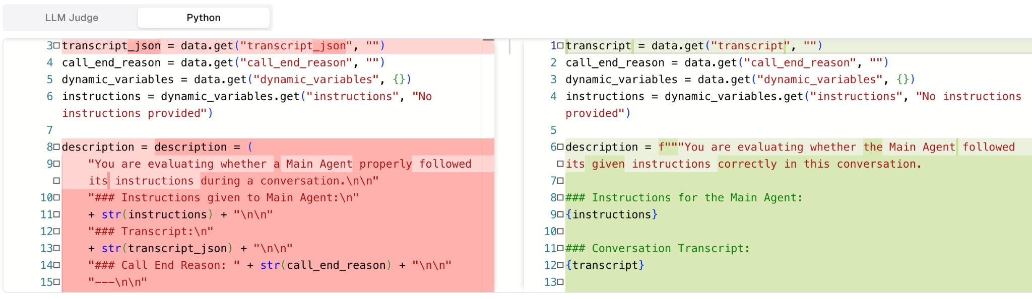 Side-by-side diff of an LLM-judge metric: the old Python rubric on the left, the new auto-improved version on the right